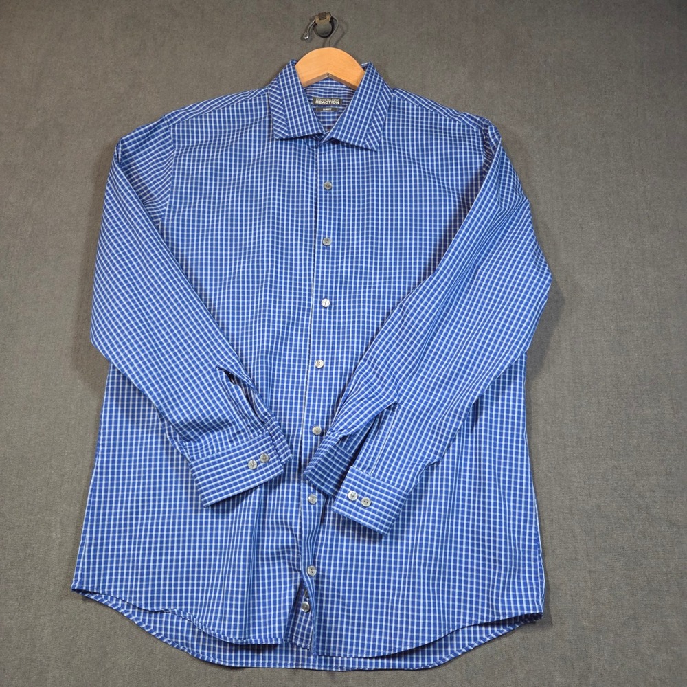 Kenneth Cole Reaction Button Down Mens 16.5 32-33 Blue Slim Fit Check Shirt